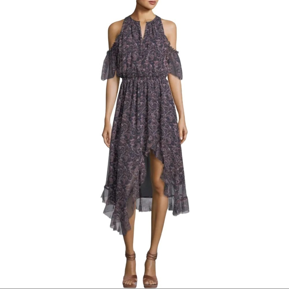 Joie Agnek Split-Neck Cold-Shoulder Printed Silk Dress